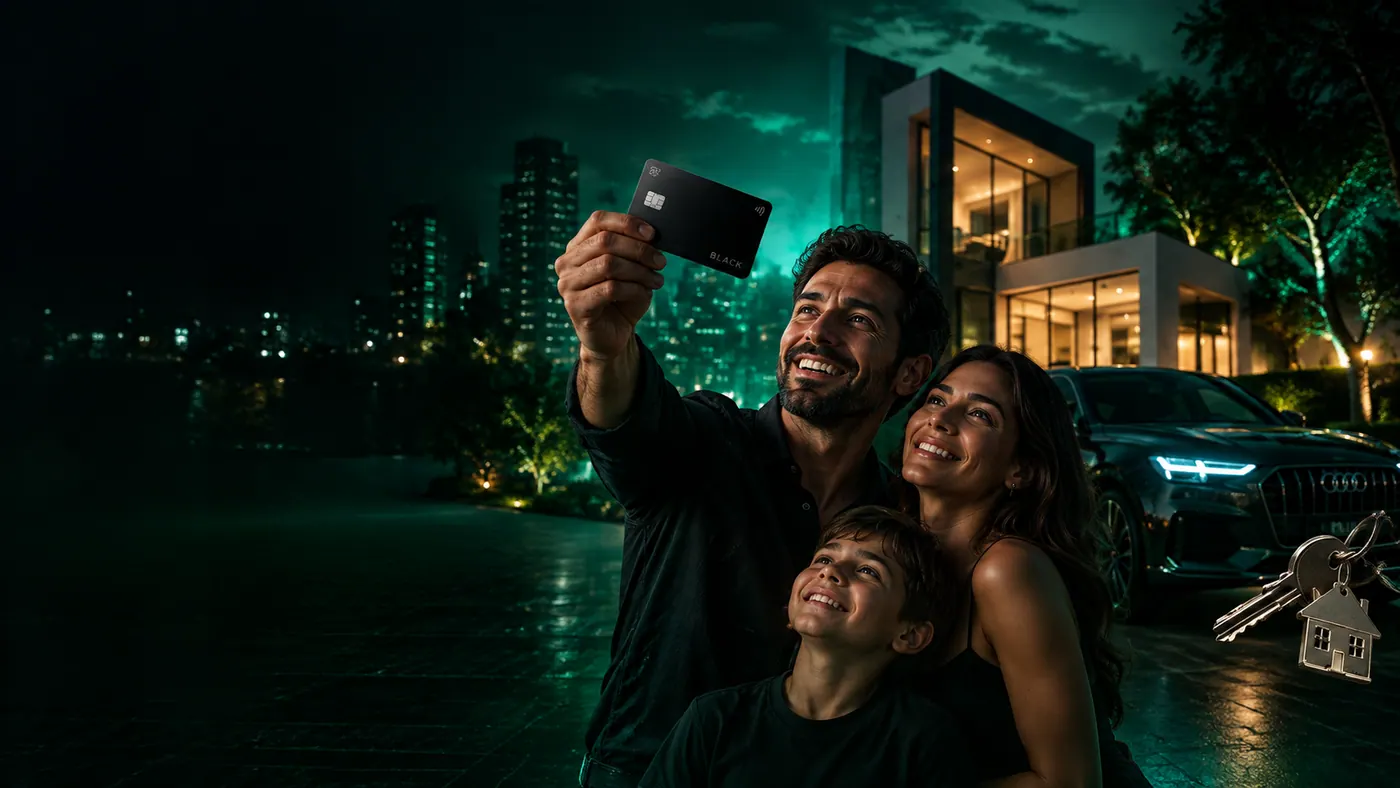 Família comemorando à noite, o pai erguendo um cartão de crédito, com a casa nova e o carro ao fundo