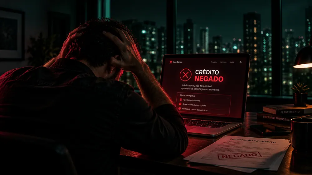 Homem de costas, com as mãos na cabeça, diante do notebook que mostra crédito negado pelo banco